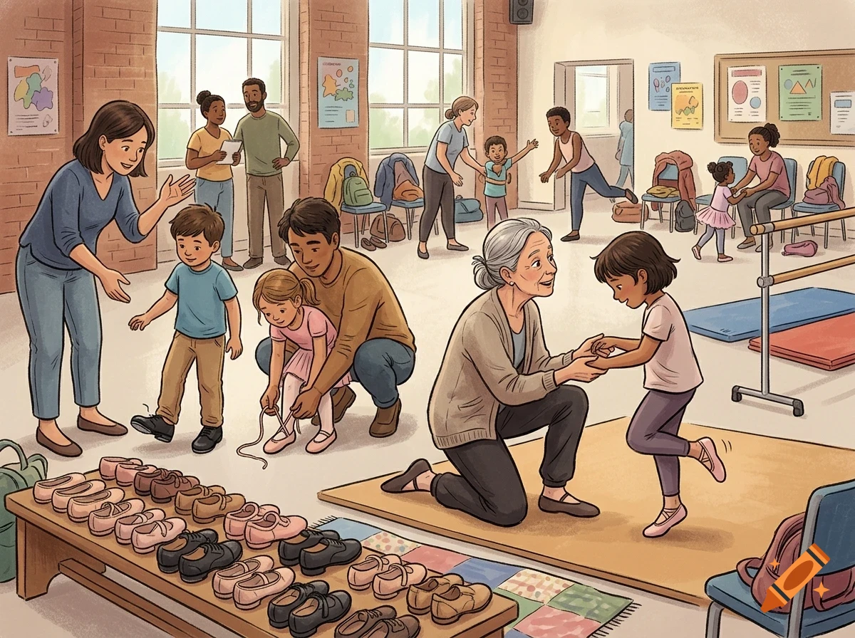 An illustrated scene in a dance studio where children and adults are preparing for a class, with shoes neatly lined up on a bench in the foreground.