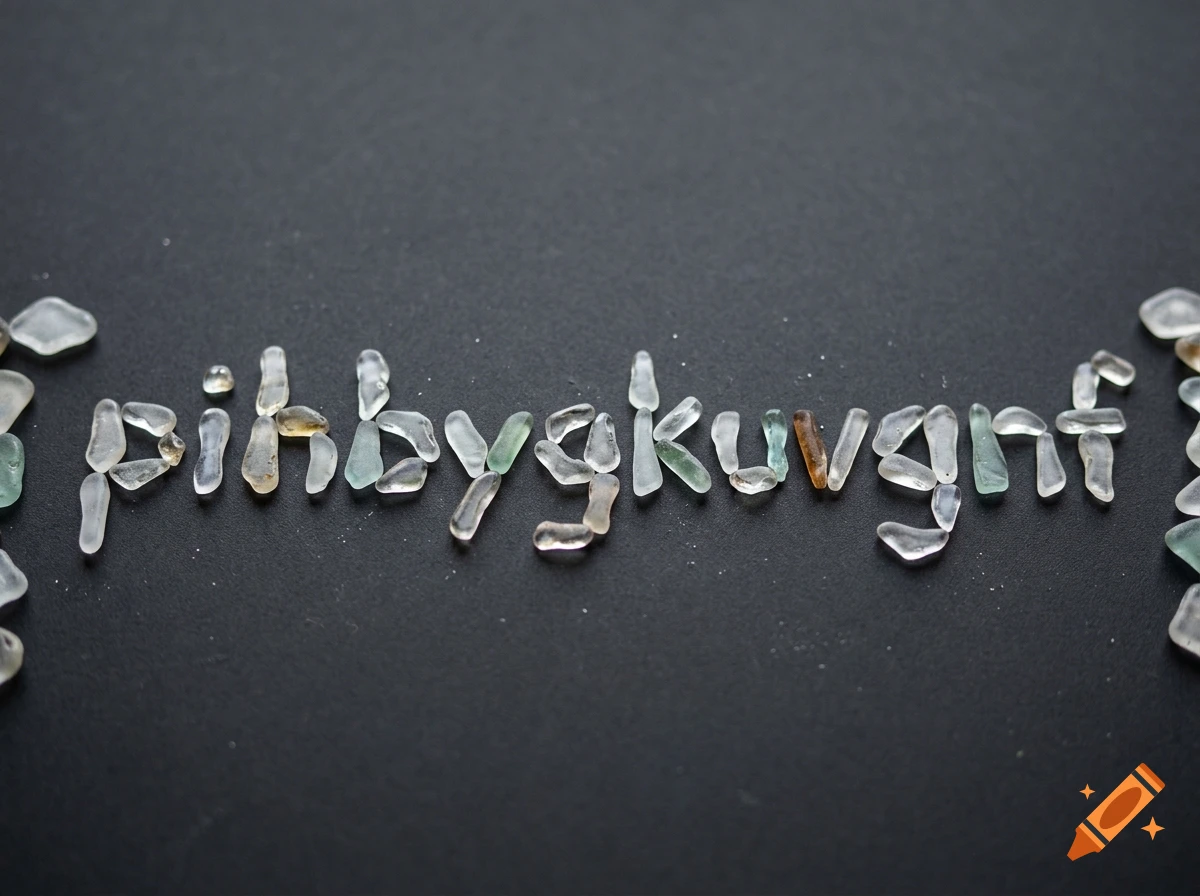 Close-up of sea glass pieces arranged on a dark surface to spell the word pihbygkuykuvkuvgnf.