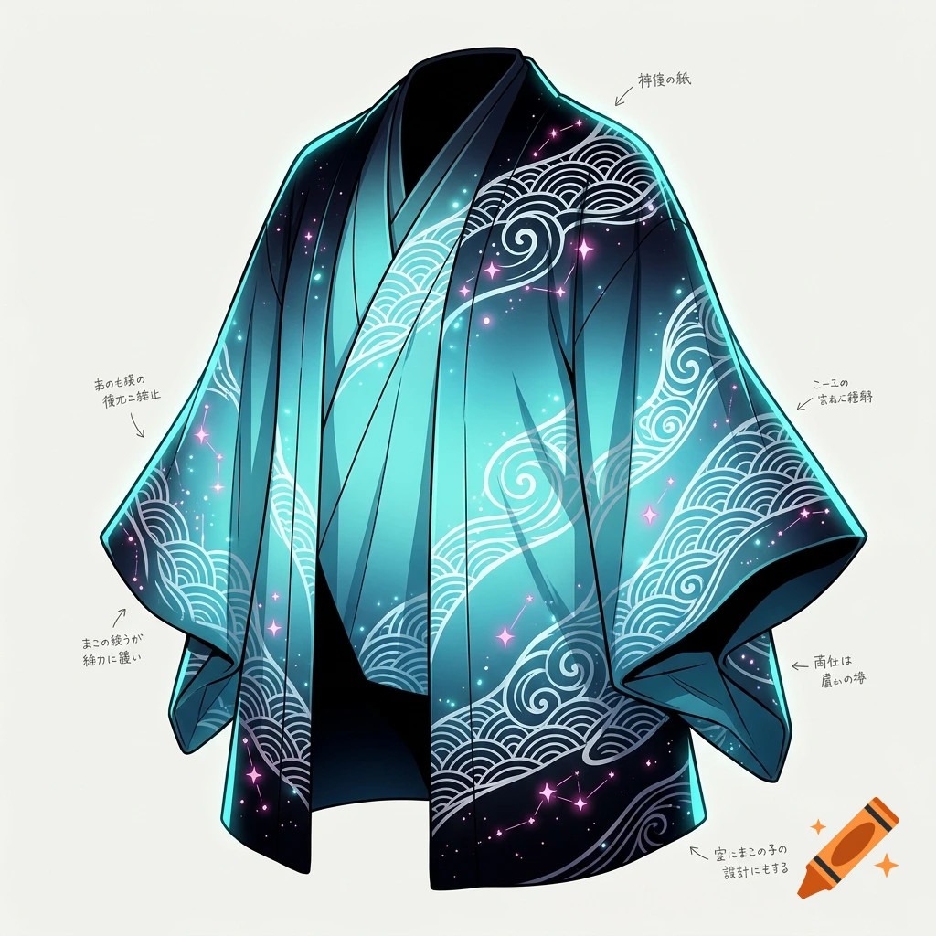 An anime-style dark cosmic turquoise haori jacket with glowing pink stars and white wave patterns, featuring annotations.