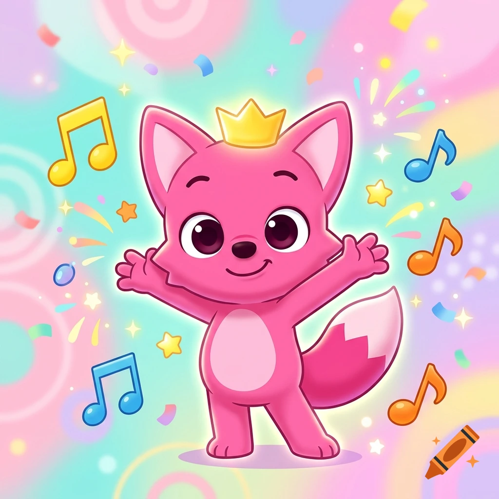 Colorful cartoon illustration of a smiling pink fox wearing a small yellow crown, surrounded by musical notes and confetti.