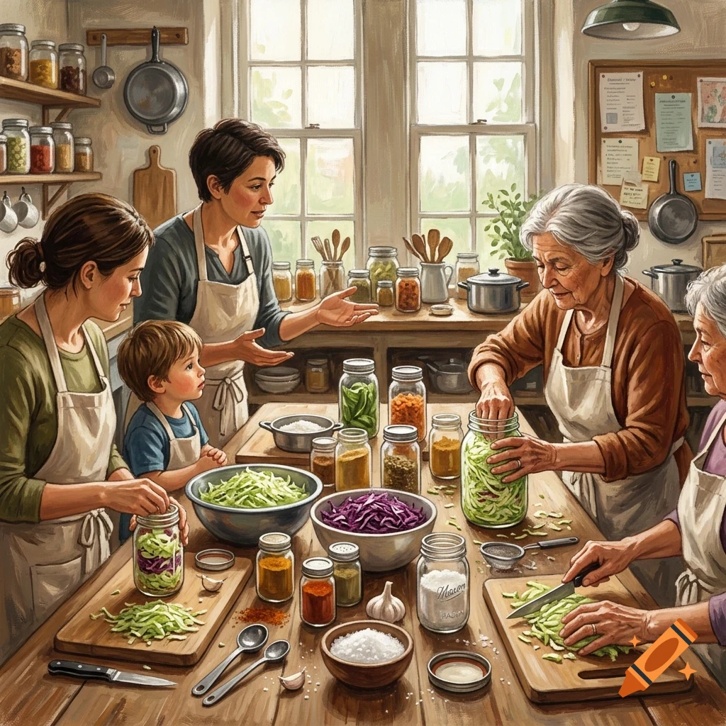 A multi-generational family works together in a rustic kitchen, preparing and jarring vegetables at a wooden table.