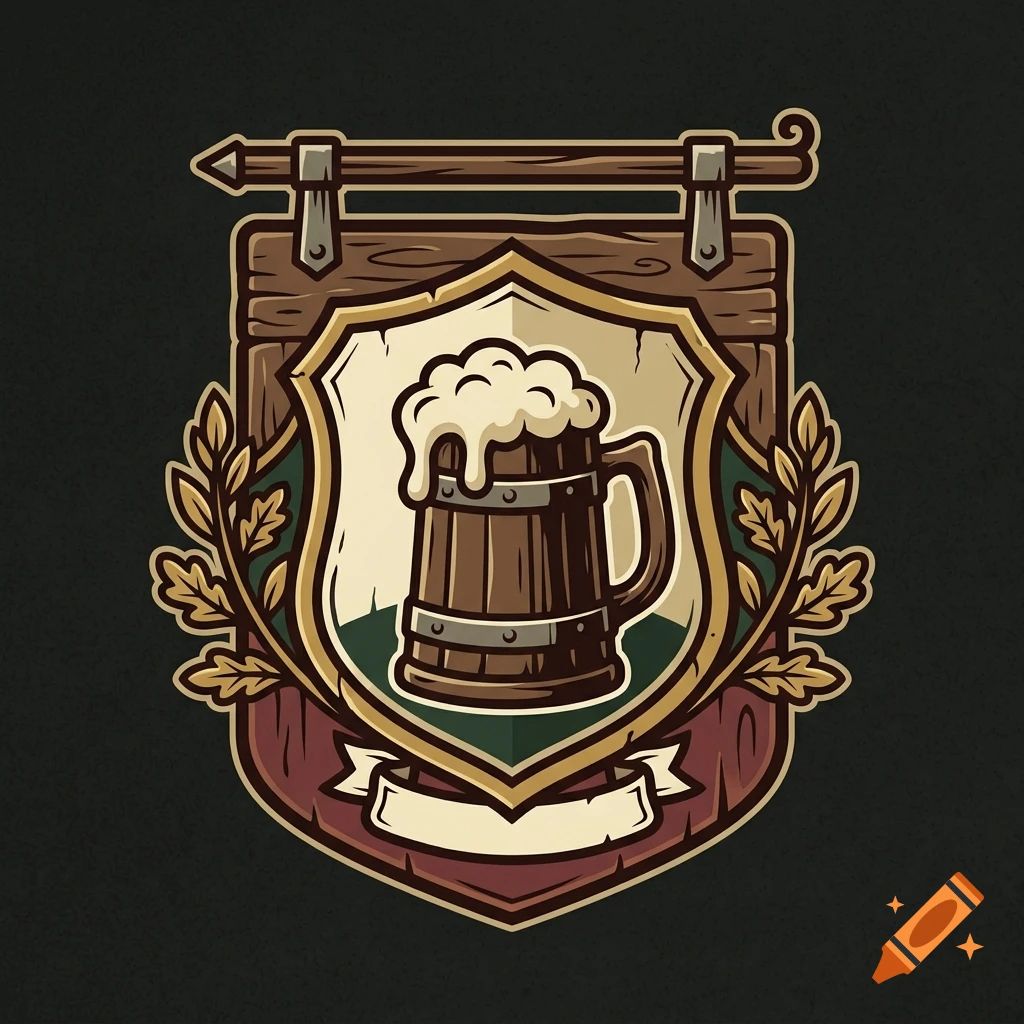 Digital illustration of a medieval tavern sign featuring a wooden mug of foamy beer, oak leaves, and a blank banner.