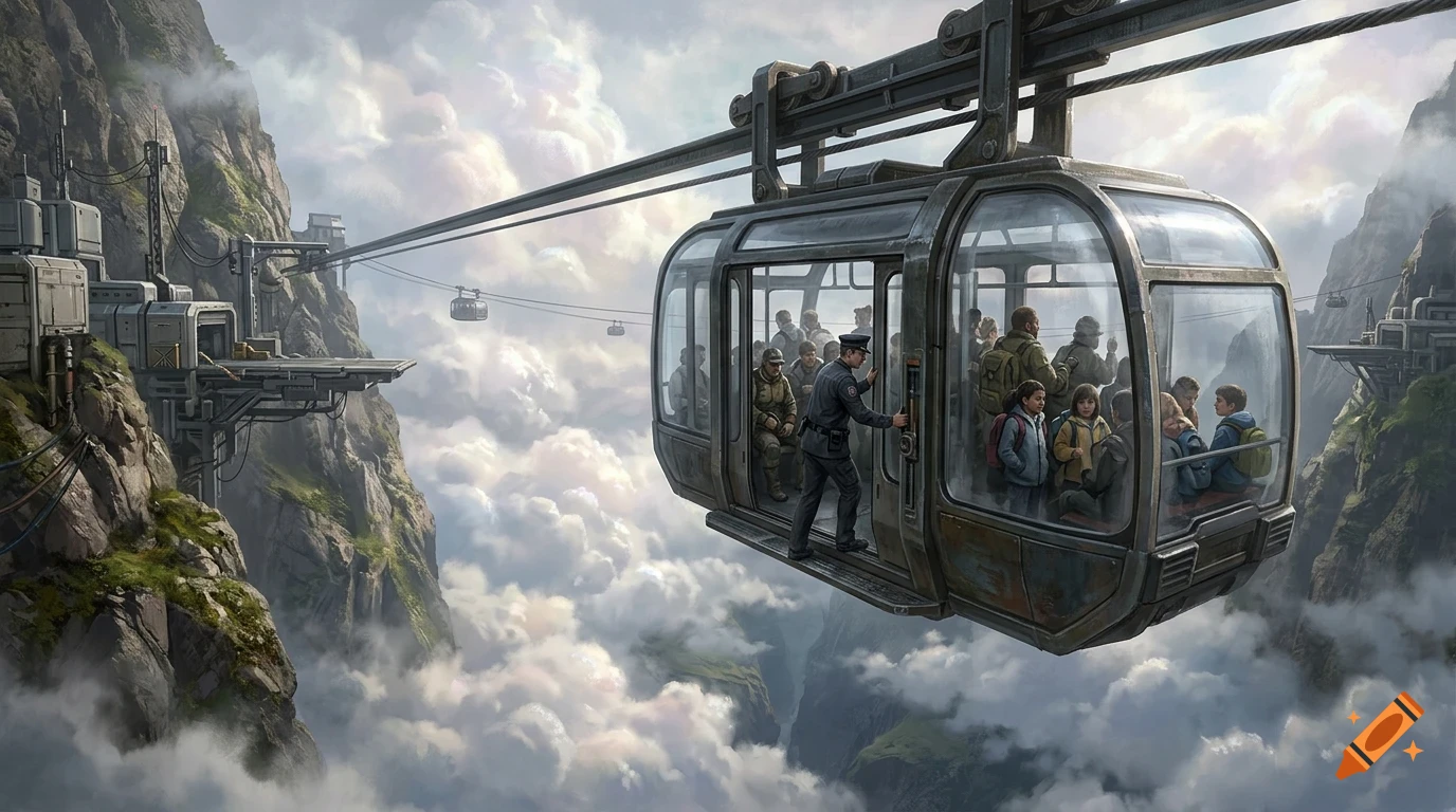 A large cable car carrying passengers travels through the sky above mountainous terrain and clouds.