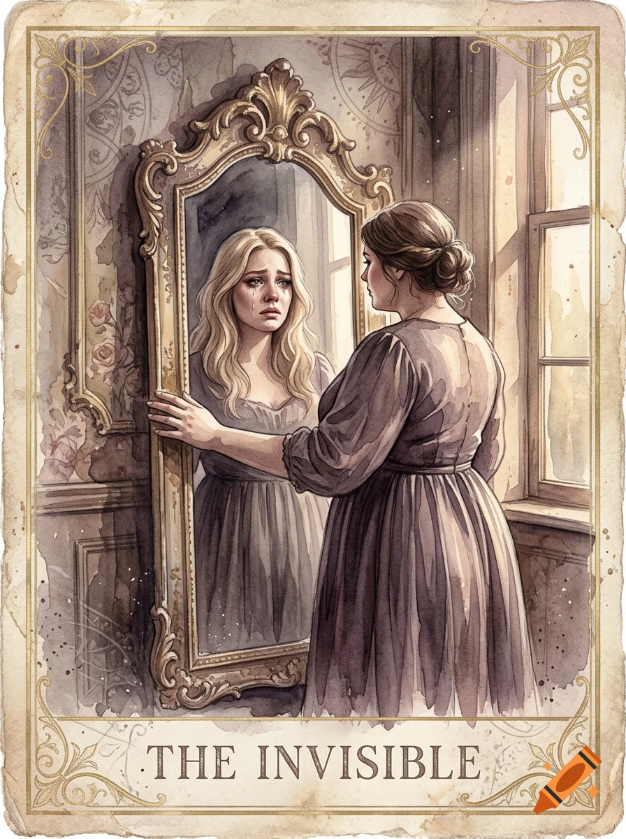 Vintage watercolor oracle card titled The Invisible featuring a woman looking in a mirror with a crying blonde reflection.