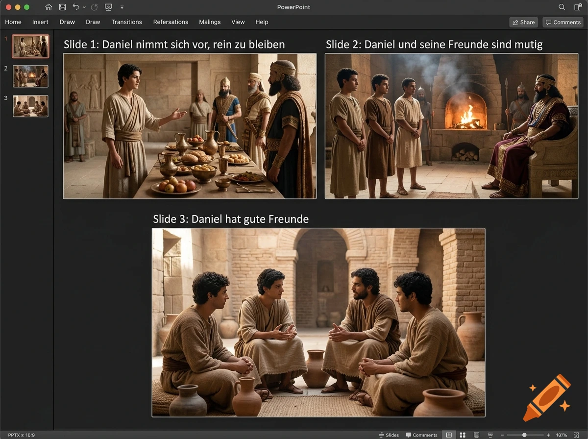 PowerPoint presentation interface showing three slides with realistic historical biblical scenes depicting Daniel.