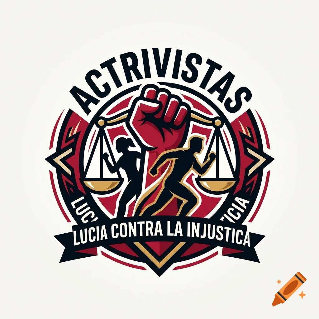 A stylized vector logo featuring a raised fist, scales of justice, and human figures, with text reading 'ACTRIVISTAS' and 'LUCIA CONTRA LA INJUSTICA'.