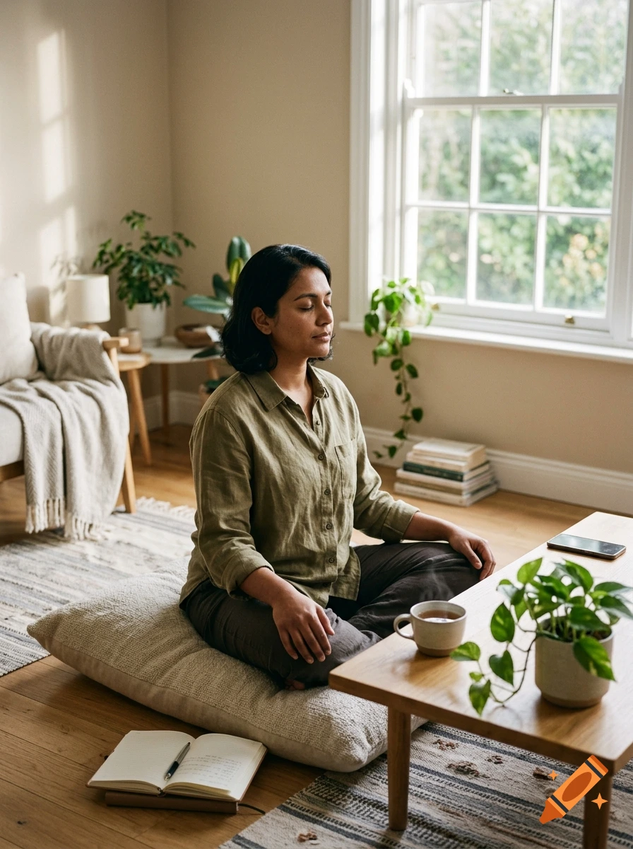 Photorealistic image of a woman meditating on a cushion in a sunlit living room with a tea cup and plants.