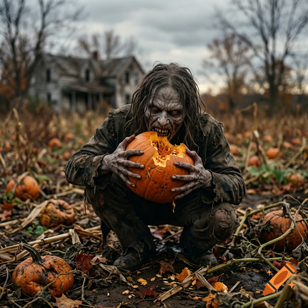 Photorealistic ghoul crouching in a decaying pumpkin patch, eating a carved pumpkin with an old house in the background.