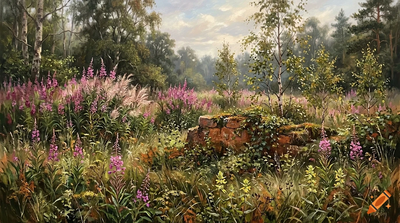 An oil painting depicting a lush forest meadow filled with pink wildflowers, tall grass, and birch trees surrounding an old stone ruin.