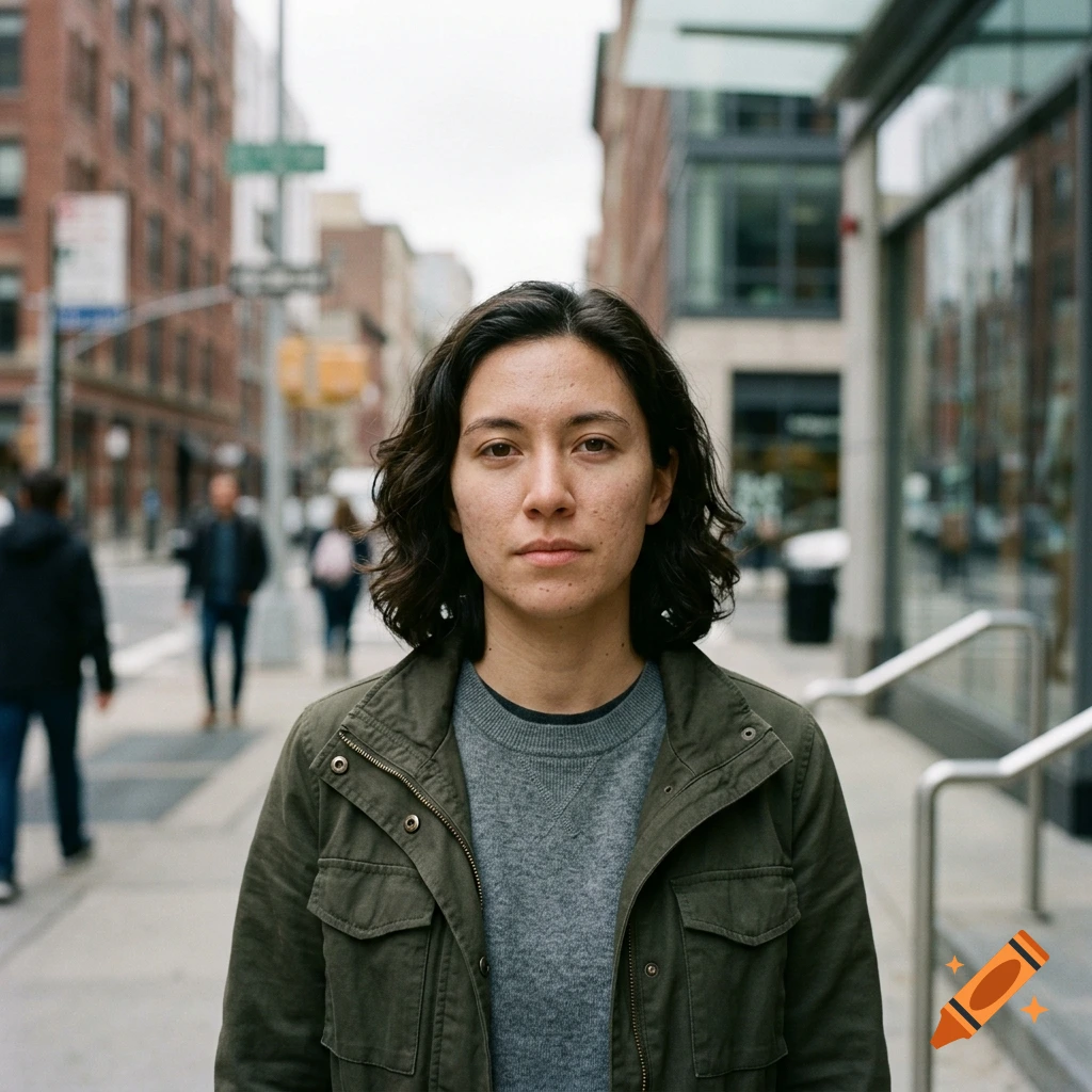 Photorealistic medium shot of a person with dark wavy hair wearing a green utility jacket on a city street.