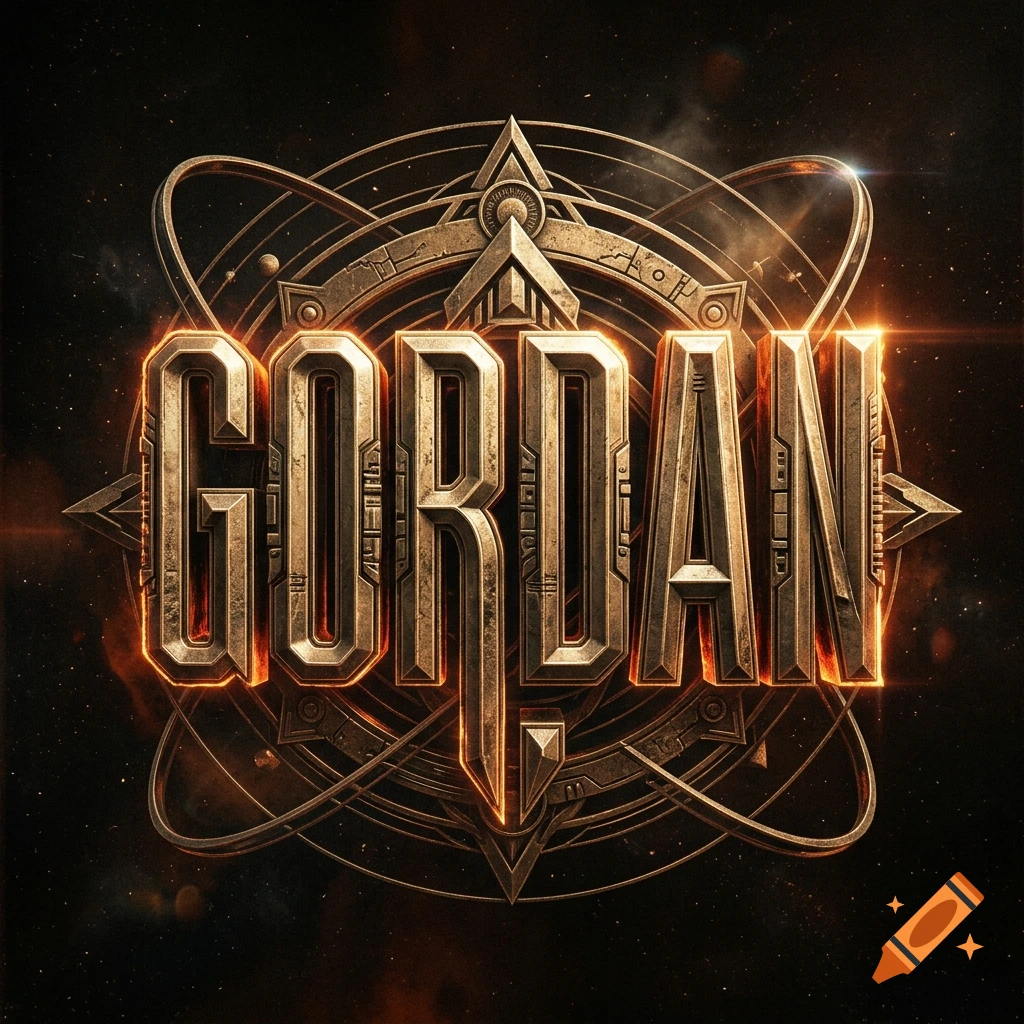 Metallic sci-fi logo reading GORDAN set against a dark cosmic background with planetary rings.