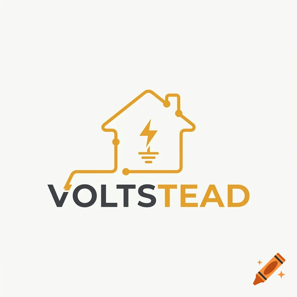A logo for Voltstead featuring an outline of a house made of circuit lines with a lightning bolt and earth symbol inside, above the text VOLTSTEAD.