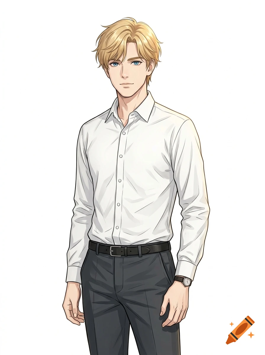 Semi-realistic manga style illustration of a young blonde man with blue eyes wearing a white dress shirt and dark trousers.