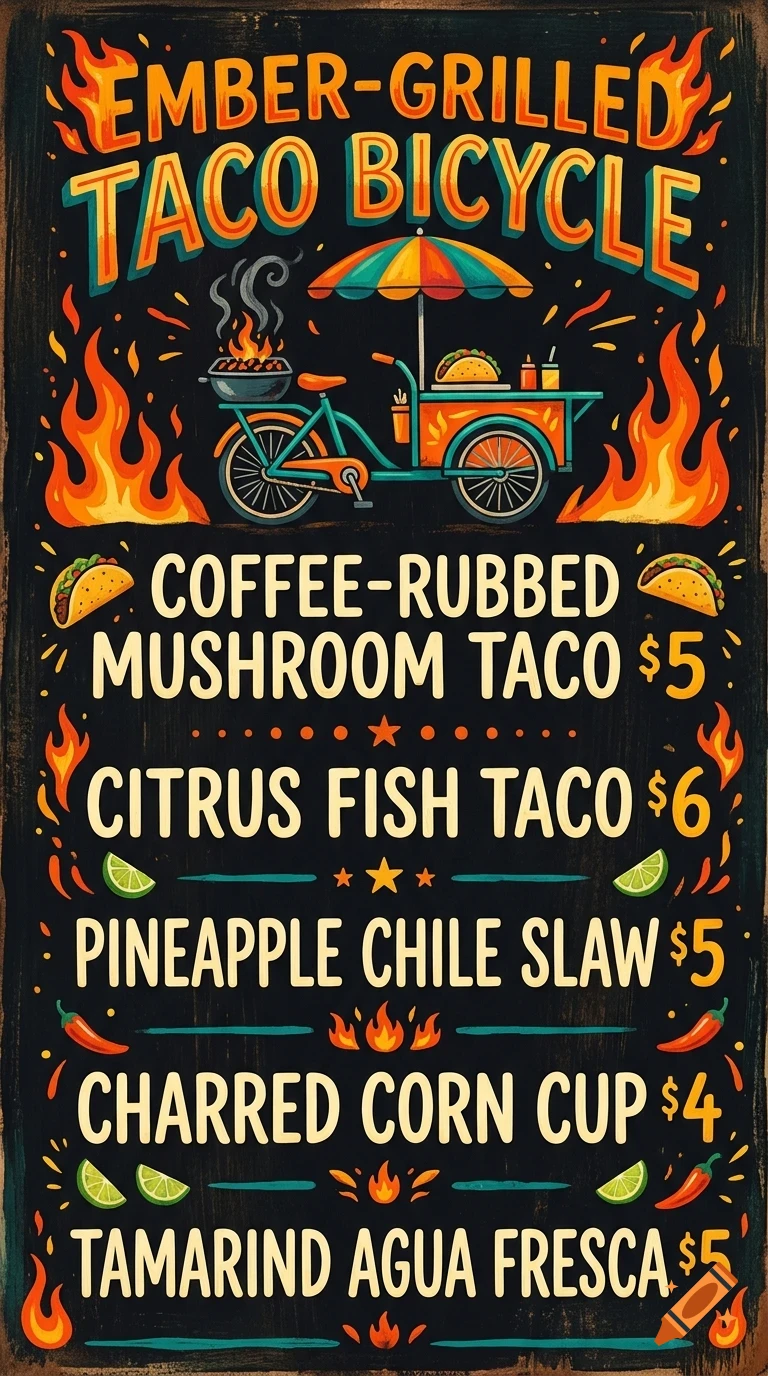 A colorful chalkboard-style menu for 'Ember-Grilled Taco Bicycle' featuring food items like coffee-rubbed mushroom taco and citrus fish taco, decorated with flames and tacos.