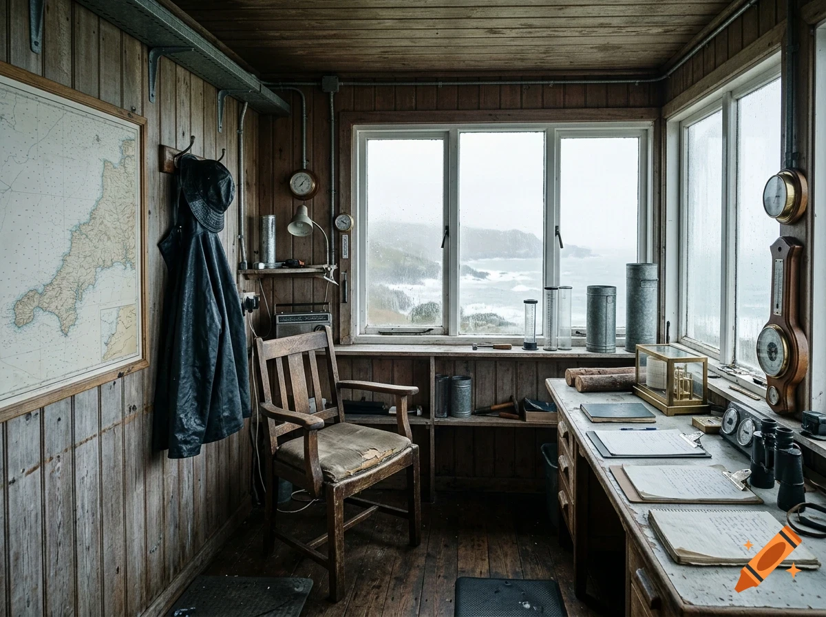 An interior view of a rustic wooden coastguard or weather station office overlooking an ocean view through windows.
