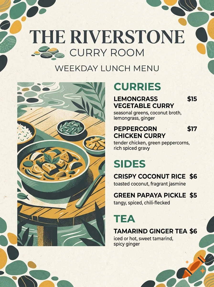 A menu for 'The Riverstone Curry Room' featuring curries, sides, and tea, with an illustration of a bowl of curry on a wooden table.