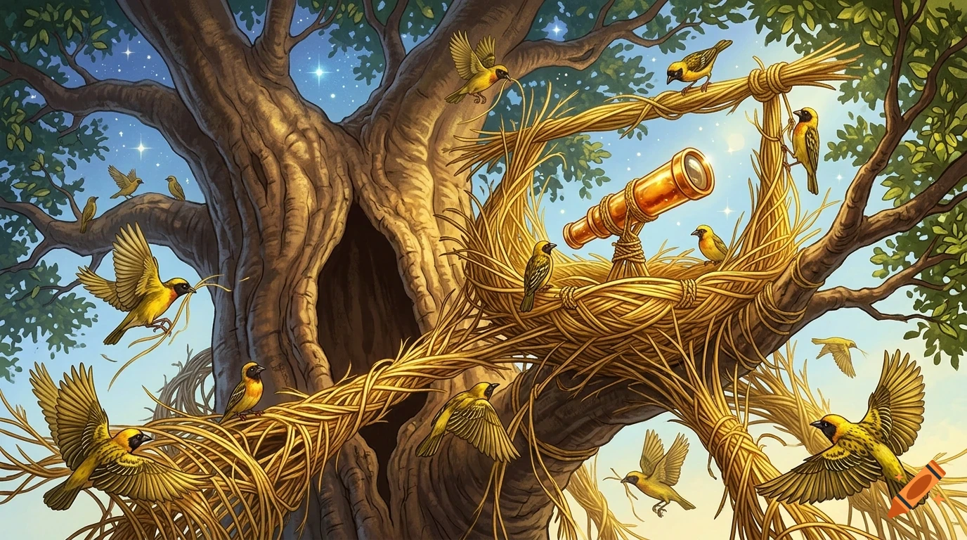 A golden-hued illustration of yellow birds building a nest in a large tree, with a brass telescope resting in the nest.