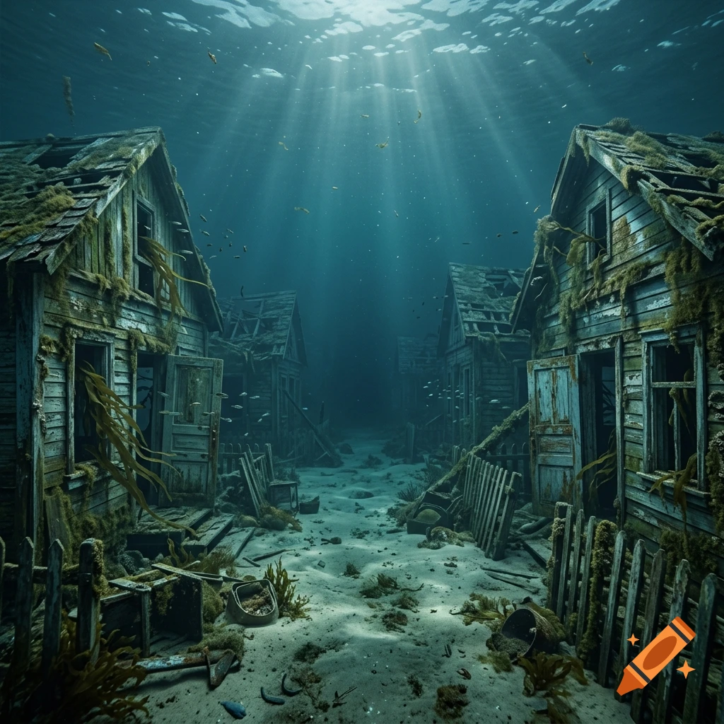 Photorealistic underwater view of a desolate decaying wooden village street with overgrown seaweed and sandy ground.
