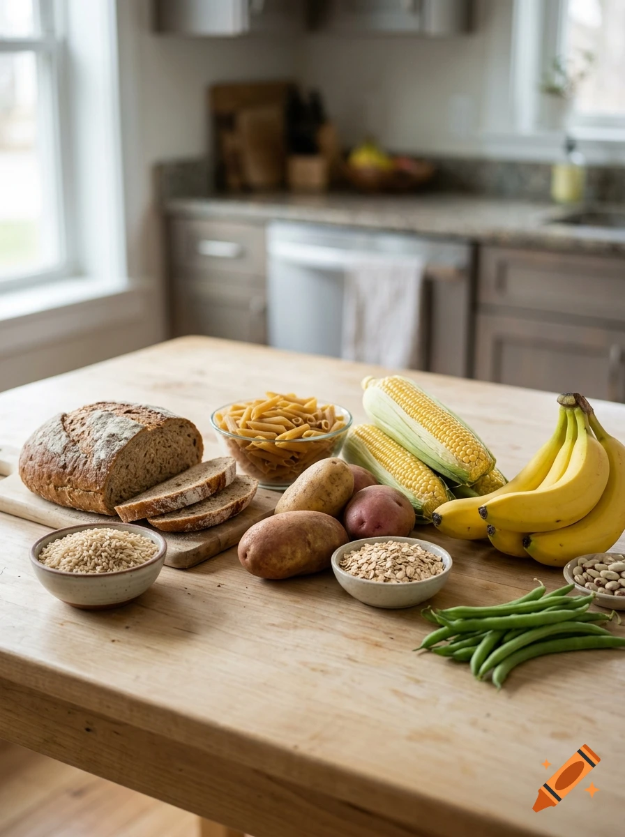 Photorealistic image of various carbohydrate-rich foods including bread, pasta, potatoes, corn, bananas, and oats on a wooden kitchen table.