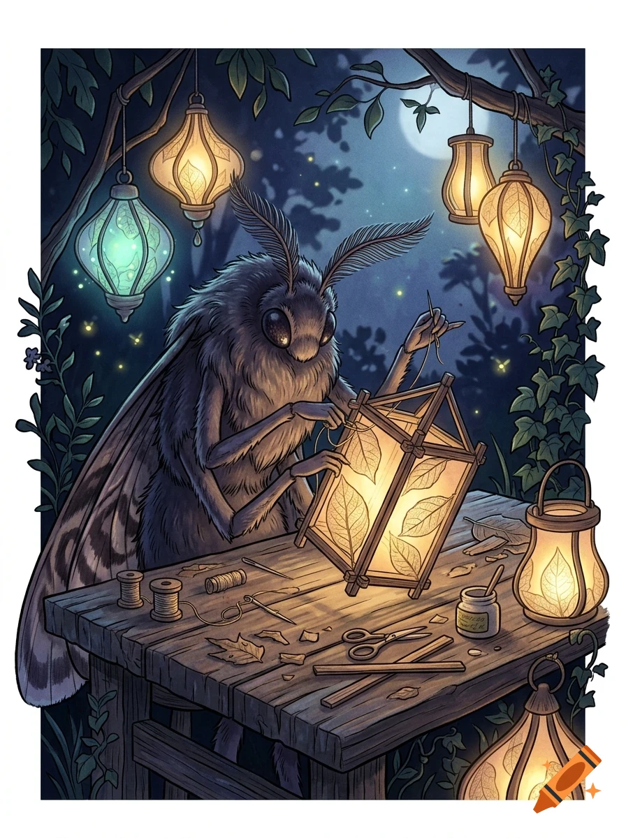 An anthropomorphic moth crafting a leaf-patterned lantern at a wooden workbench outdoors at night, surrounded by glowing hanging lamps.