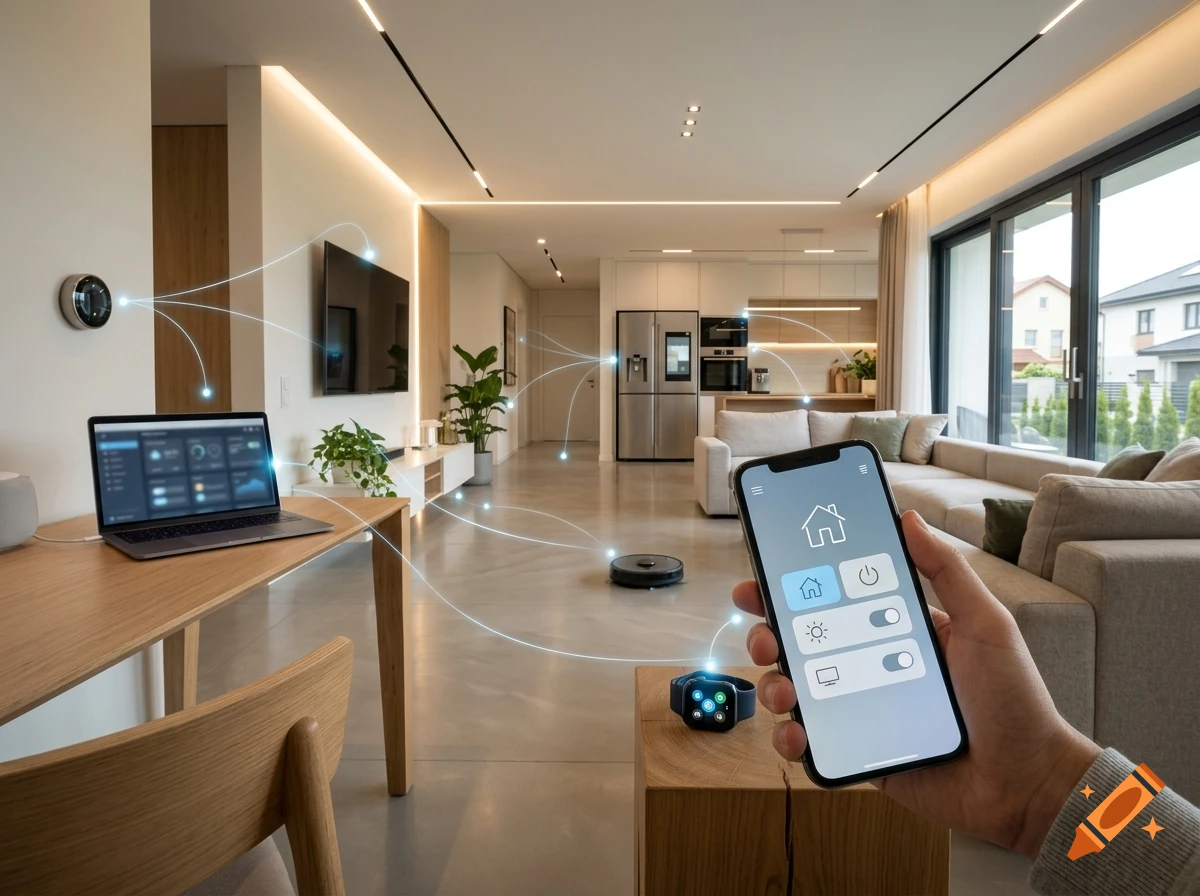 Photorealistic modern living room with digital glowing lines connecting a smartphone, laptop, and smart home devices.
