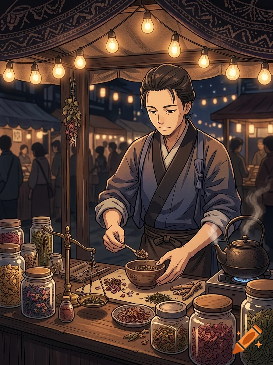 An illustration of a merchant at a night market stall preparing goods, surrounded by jars of herbs and a steaming kettle.