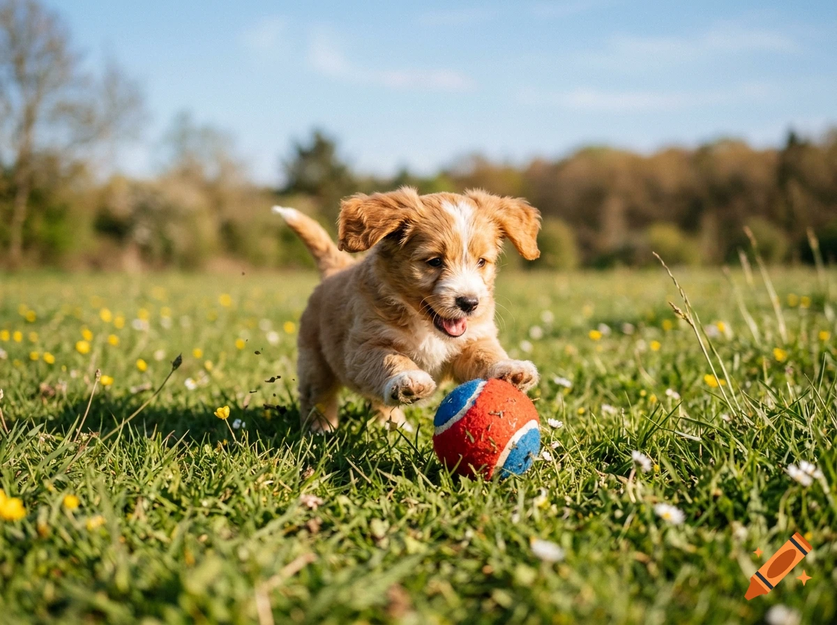 Photorealistic image of a fluffy puppy running and playing with a red and blue ball in a green grassy field.