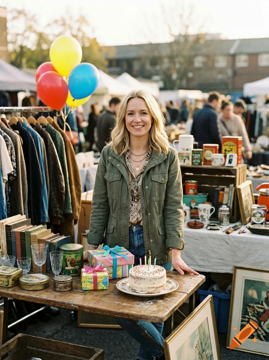A smiling blonde woman stands behind a wooden table with a birthday cake and gifts at an outdoor flea market, with balloons in the background, photorealistic style.