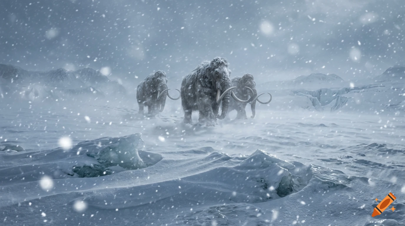 Three woolly mammoths walking through a snowy arctic landscape during a snowstorm, photorealistic style.