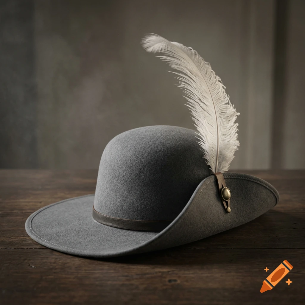 Photorealistic grey felt chambergo hat with a white ostrich feather on a dark wooden table.