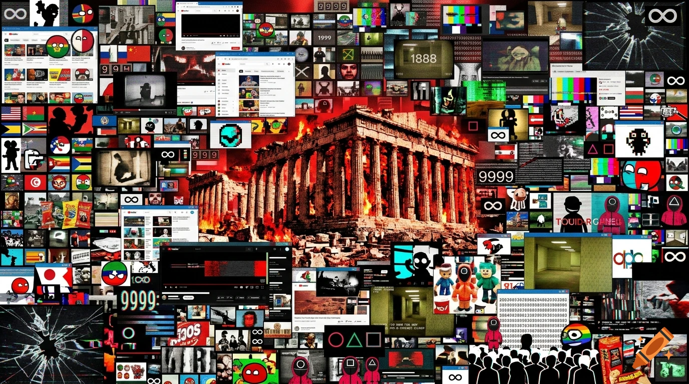 A complex collage of numerous screens, countryballs, web pages, and a burning classical temple in the center.