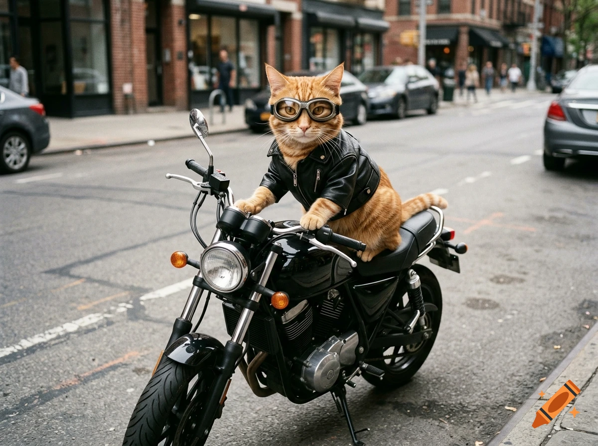 Photorealistic image of an orange tabby cat wearing aviator goggles and a black leather jacket, sitting on a motorcycle parked on a city street.