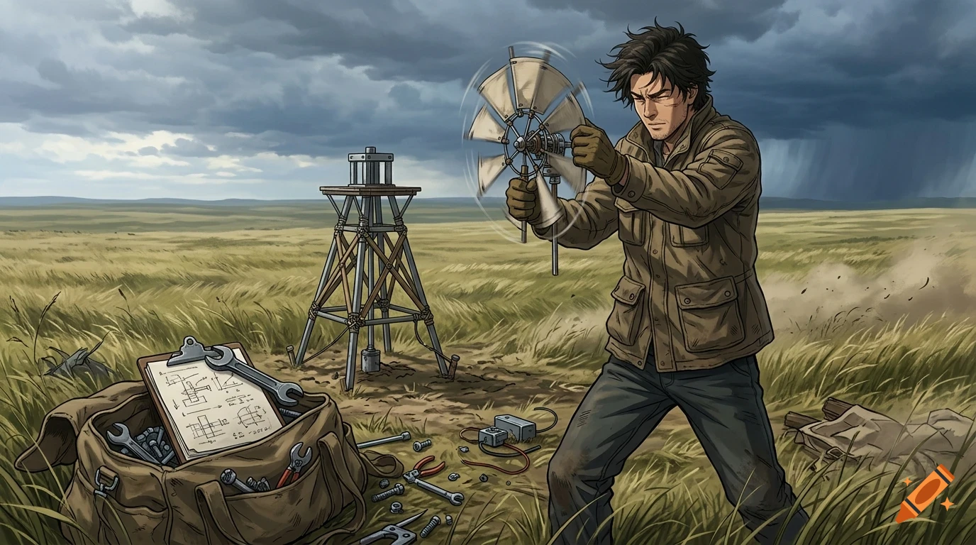 An anime-style illustration of a man repairing a small wind turbine in a grassy field under a stormy sky.