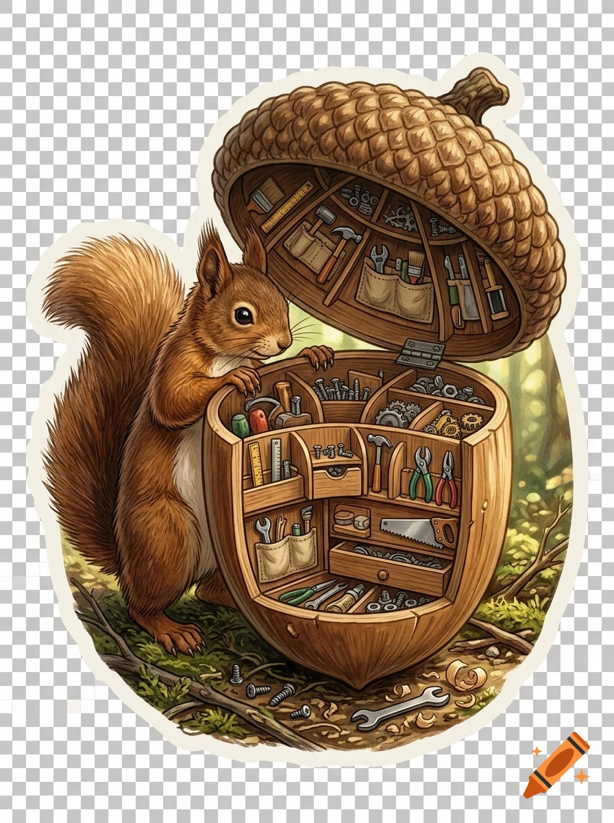 A cute cartoon red squirrel stands next to a hollowed-out acorn that functions as a miniature wooden toolbox filled with tools and hardware.
