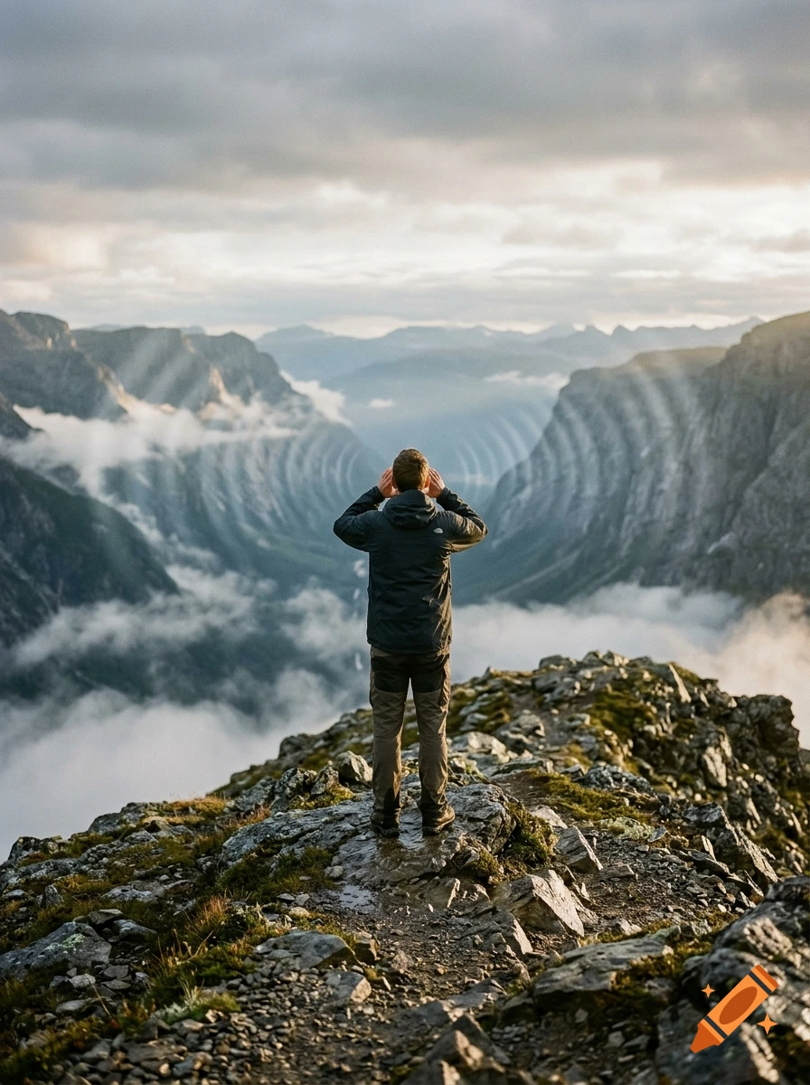 Photorealistic image of a person standing on a rocky mountain peak looking over a valley with visible soundwave ripples in the air.