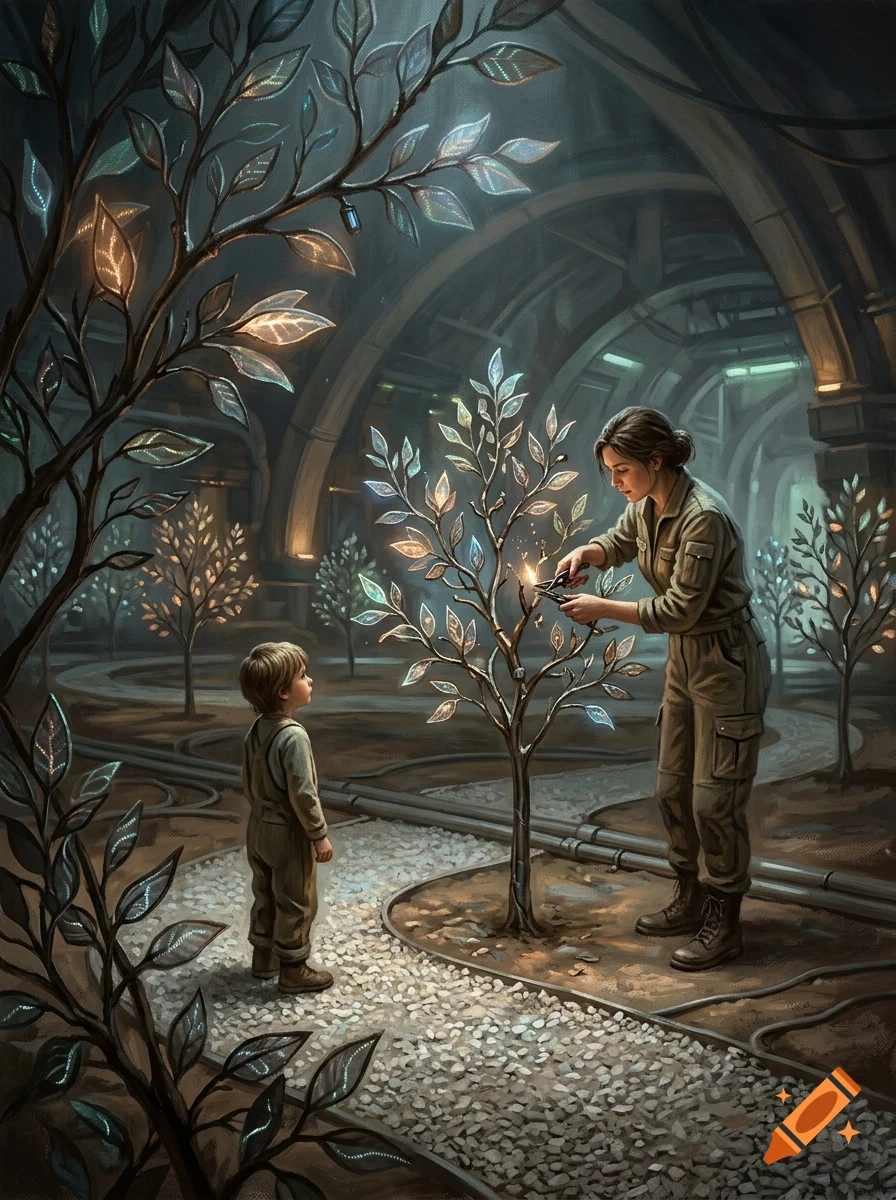 A woman tending to a glowing sapling in an indoor greenhouse, watched by a young child.
