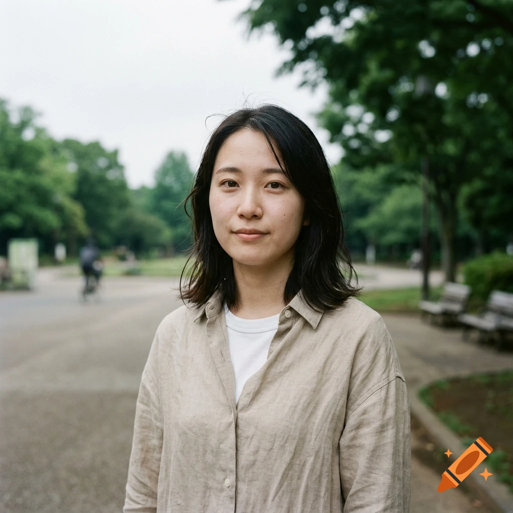 Photorealistic portrait of a young woman with dark hair wearing a beige button-down shirt outdoors in a park.