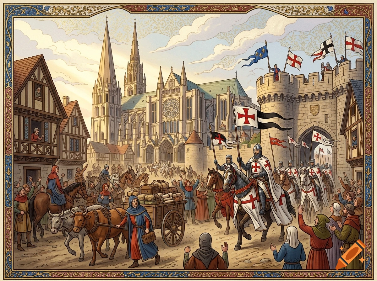 Medieval illustration of Templar knights riding horses into a French town with a large cathedral and cheering crowds.