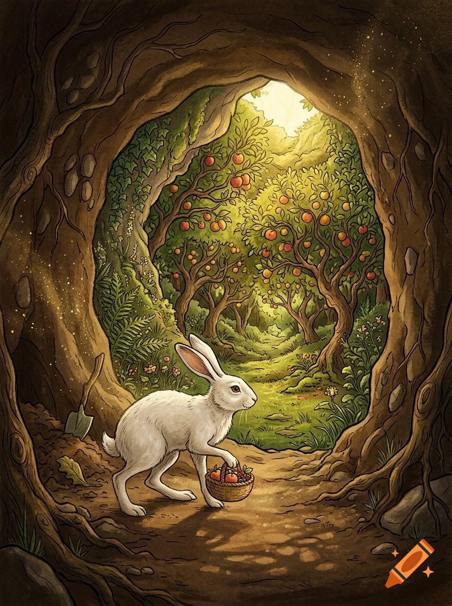 A white rabbit holding a basket of fruit stands inside a hollow tree opening looking out at a sunlit orchard.