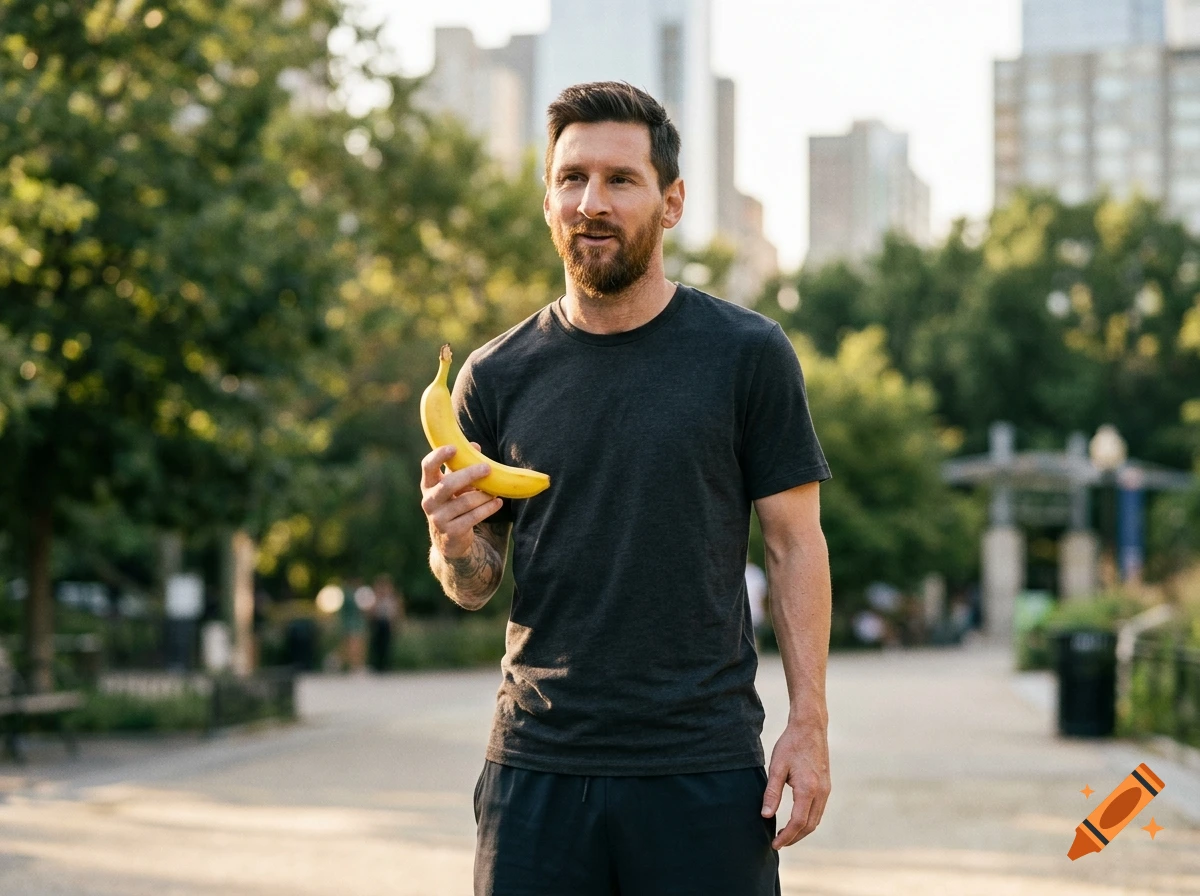 Photorealistic image of Lionel Messi holding a banana in a park.