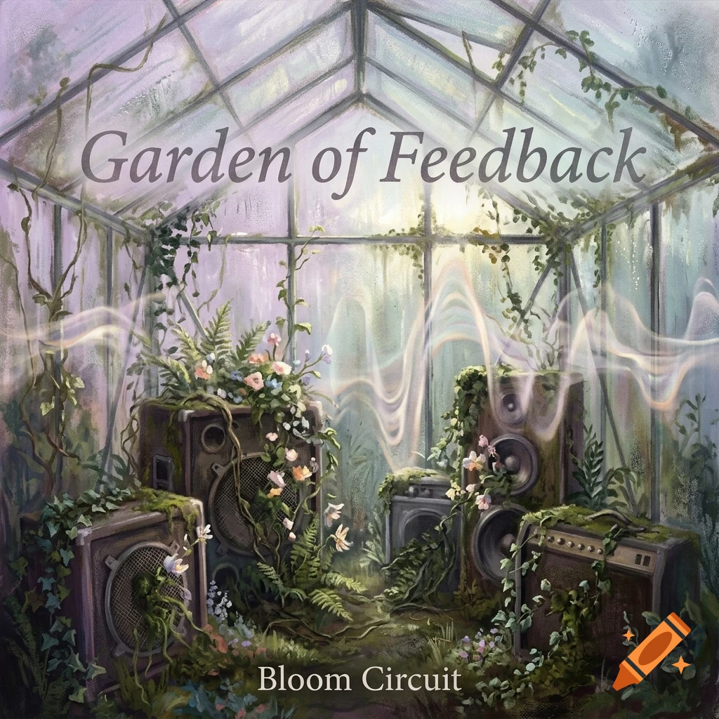 An overgrown glass greenhouse containing stacked audio speakers draped with vines and flowers, with sound wave effects floating between them and text reading 'Garden of Feedback' and 'Bloom Circuit'.