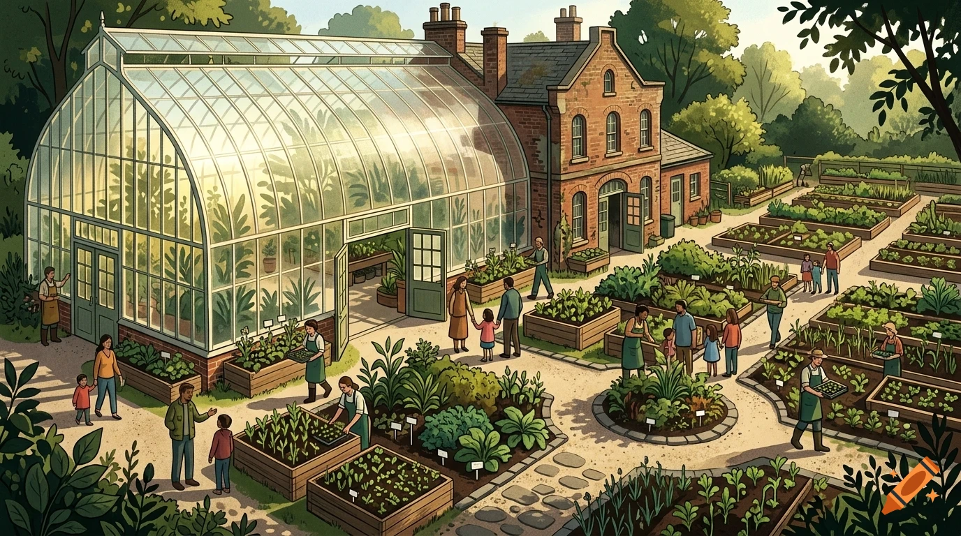An illustration of a large greenhouse and brick building surrounded by community garden plots with people tending plants.