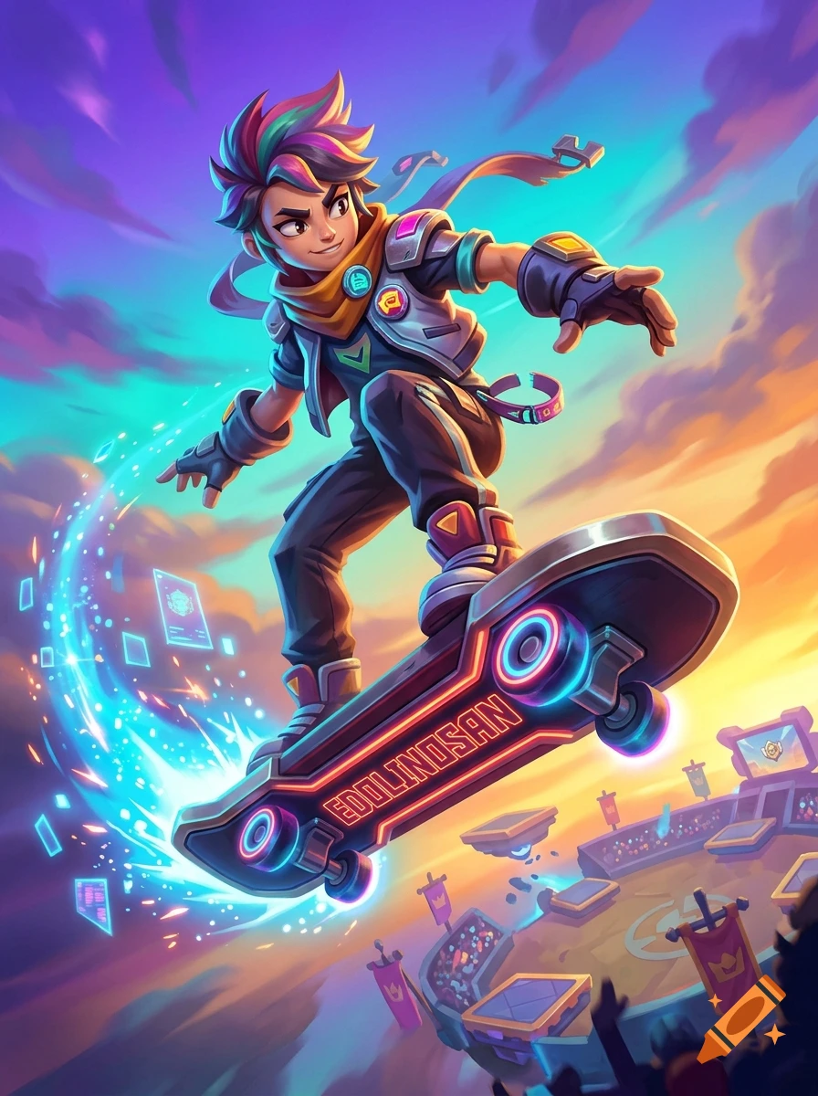Digital illustration of a vibrant cartoon character riding a glowing futuristic skateboard in an arena.