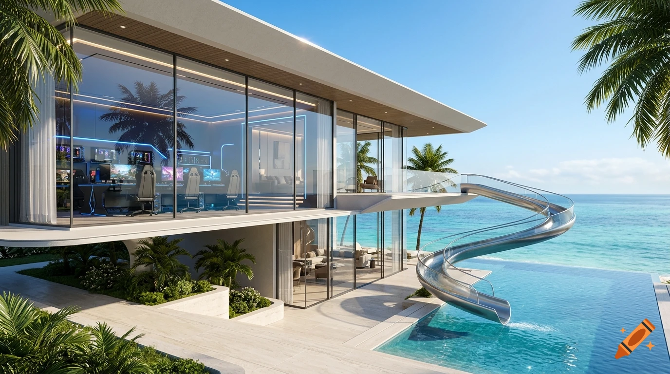 Photorealistic exterior view of a modern luxury oceanfront gamer mansion with a glass-walled gaming room and water slide into an infinity pool.