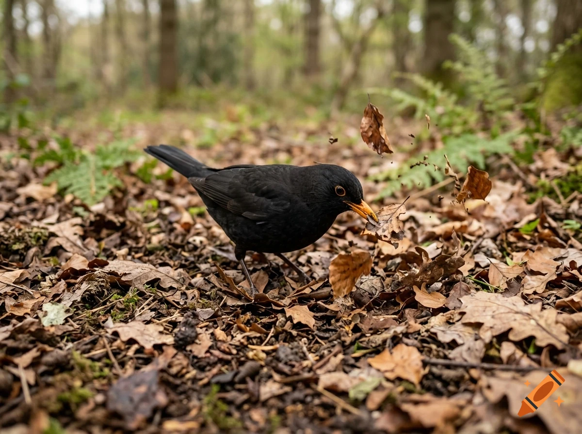 A blackbird with an orange beak forages among dry leaves on a forest floor.