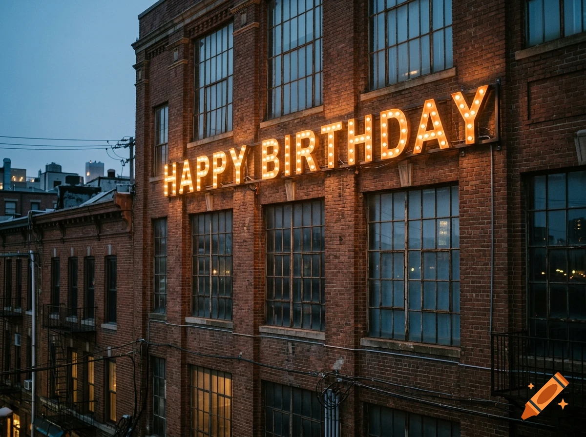 Photorealistic image of a brick building with a large illuminated sign reading HAPPY BIRTHDAY in light bulbs.
