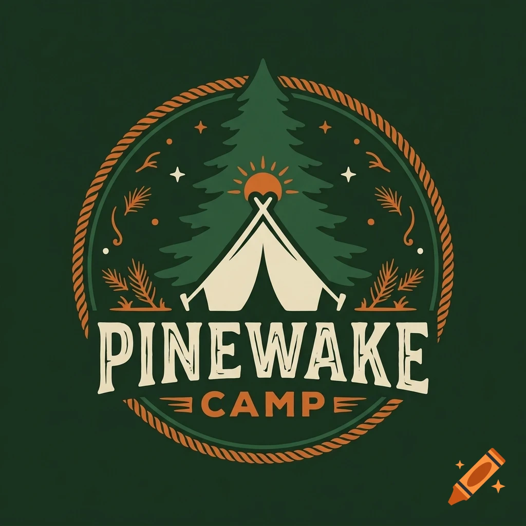 A circular camping logo features a white tent in front of a green pine tree, a sun, stars, and the text PINEWAKE CAMP.