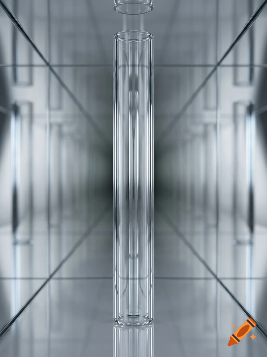 A photorealistic endless glass tube reflecting in a futuristic, symmetrical mirrored corridor.