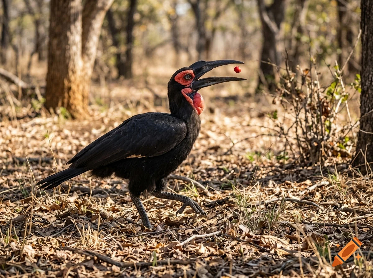 A black ground hornbill with bright red facial skin and throat wattle walks through a dry forest floor, catching a small red berry in its beak.