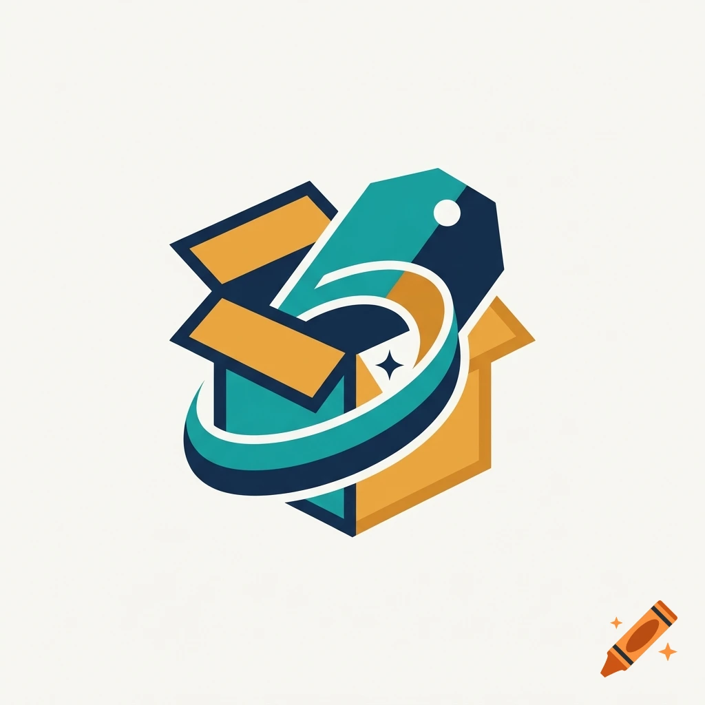 Vector logo of an open box with a price tag and a swooping ring, in teal and orange.